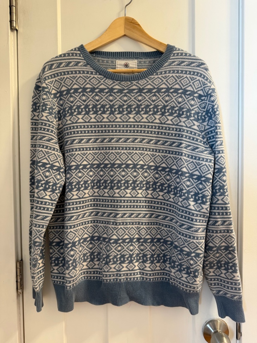 on the byas Fair Isle Crewneck Sweater in Light Blue & White